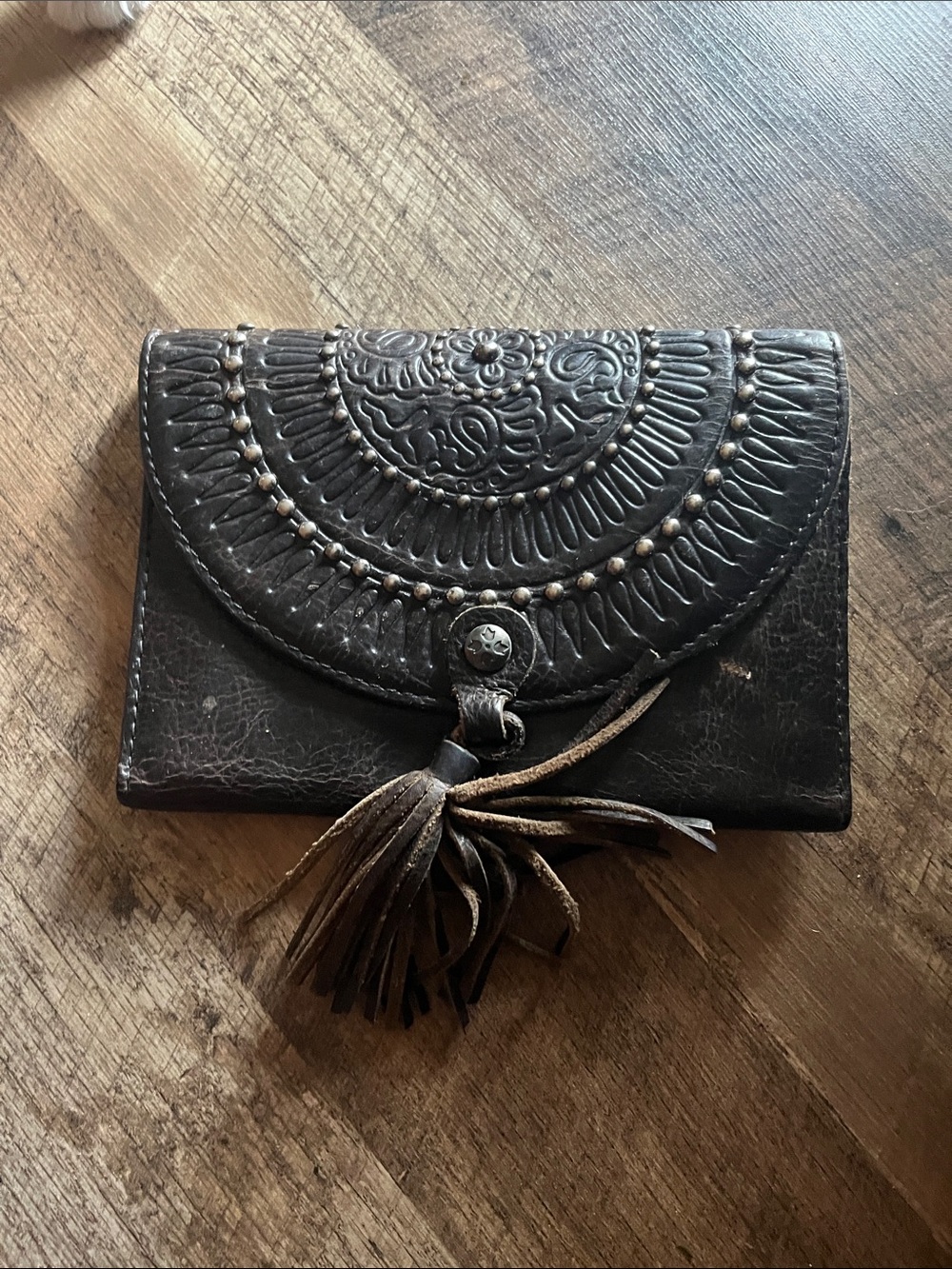 Patricia Nash Dark Brown Tooled Leather Tassel Wallet with Antique Studs